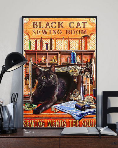 Black Cat Sewing Loves Poster Sewing Mends The Soul Vintage Room Home Decor Wall Art Gifts Idea - Mostsuit