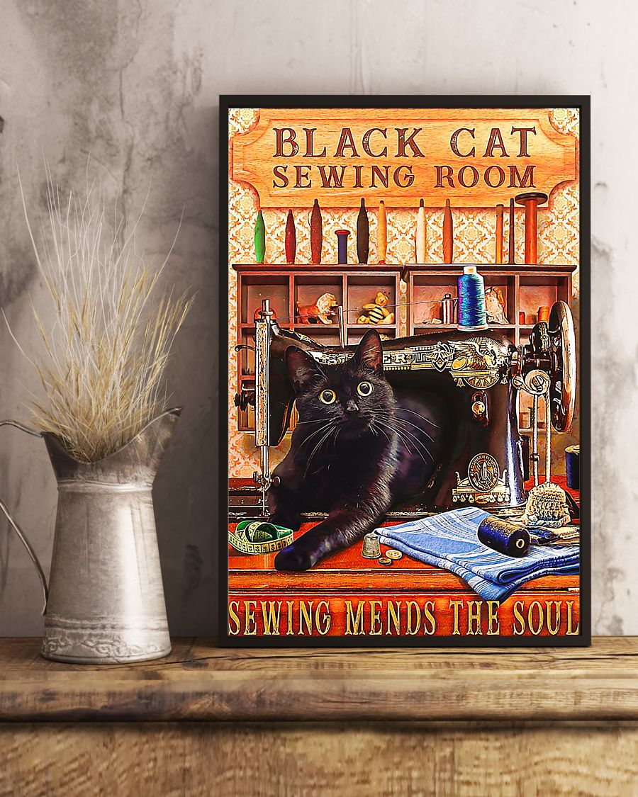 Black Cat Sewing Loves Canvas Prints Sewing Mends The Soul Vintage Wall Art Gifts Vintage Home Wall Decor Canvas - Mostsuit