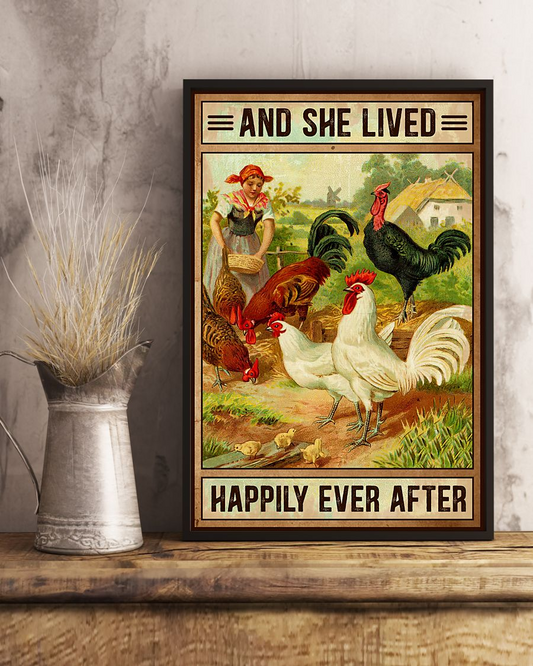 Chicken Farm Girl Canvas Prints And She Lived Happily Ever After Vintage Wall Art Gifts Vintage Home Wall Decor Canvas - Mostsuit