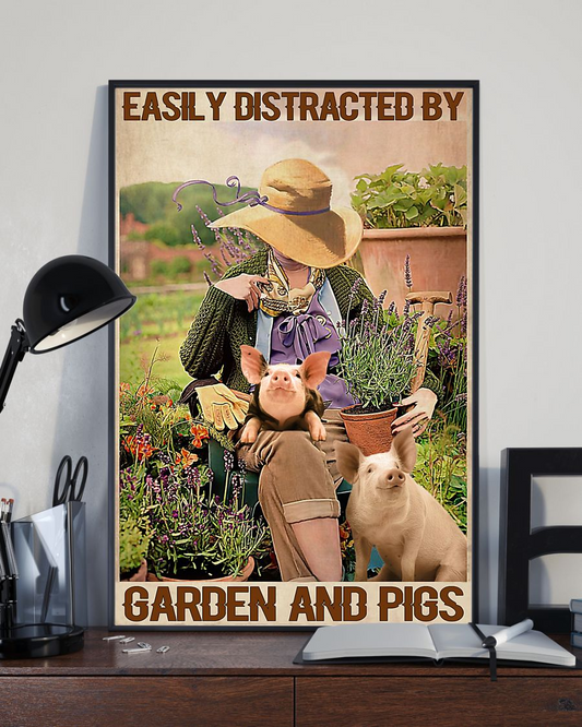 Garden Girl And Pigs Canvas Prints Easily Distracted Vintage Wall Art Gifts Vintage Home Wall Decor Canvas - Mostsuit