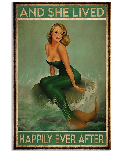 Retro Mermaid Girl Canvas Prints And She Lived Happily Ever After Vintage Wall Art Gifts Vintage Home Wall Decor Canvas - Mostsuit