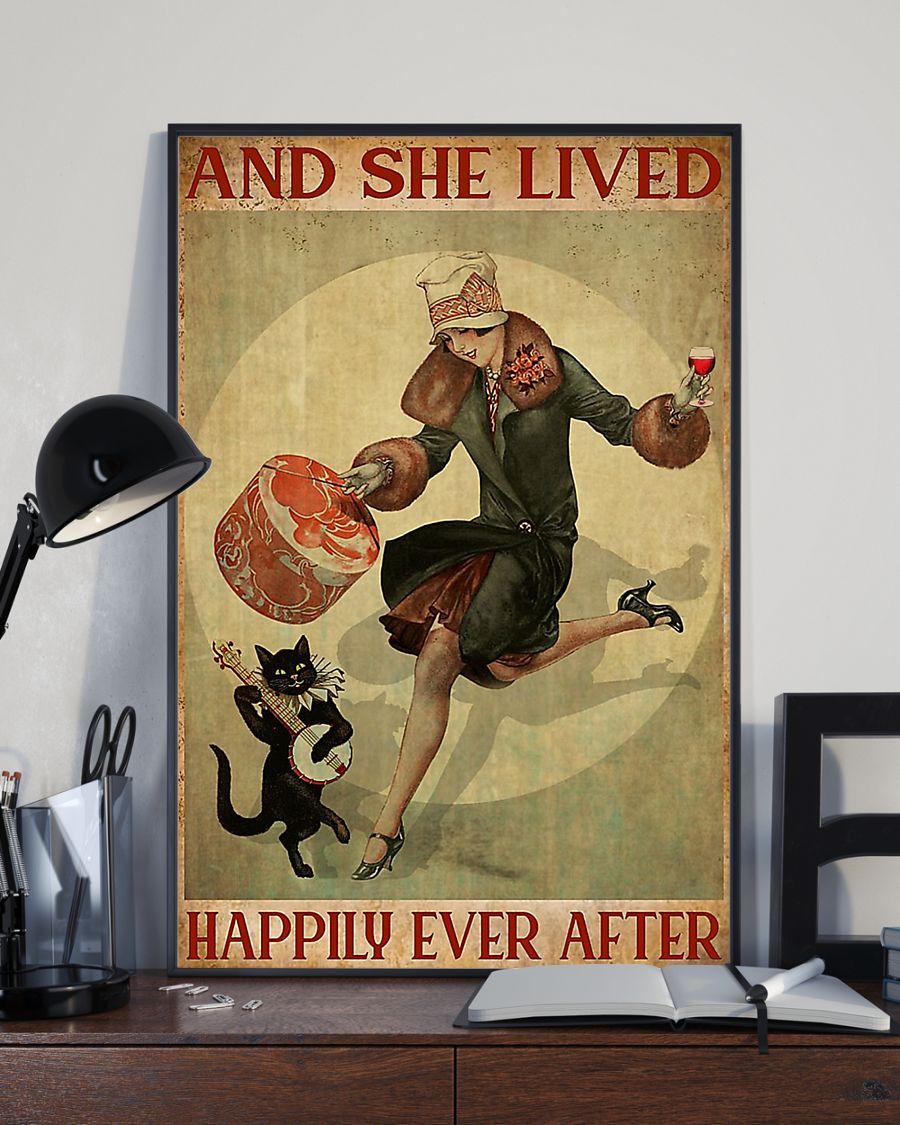 Cat And Wine Poster And She Lived Happily Ever After Vintage Room Home Decor Wall Art Gifts Idea - Mostsuit
