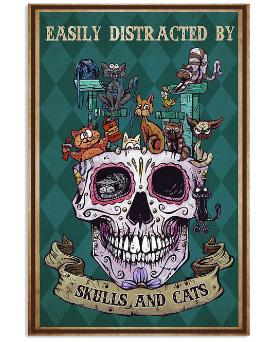 Skulls Cats Canvas Prints Easily Distracted Vintage Wall Art Gifts Vintage Home Wall Decor Canvas - Mostsuit