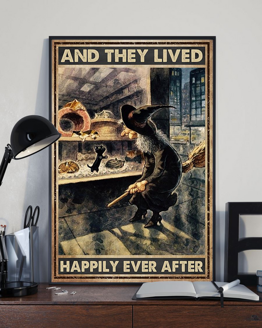 Witch Cat Canvas Prints And She Lived Happily Ever After Vintage Wall Art Gifts Vintage Home Wall Decor Canvas - Mostsuit