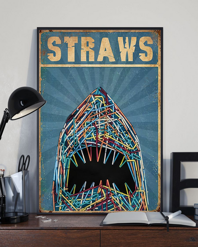 Straws Shark Canvas Prints Reduce Plastic Waste Protect Environment Vintage Wall Art Gifts Vintage Home Wall Decor Canvas - Mostsuit