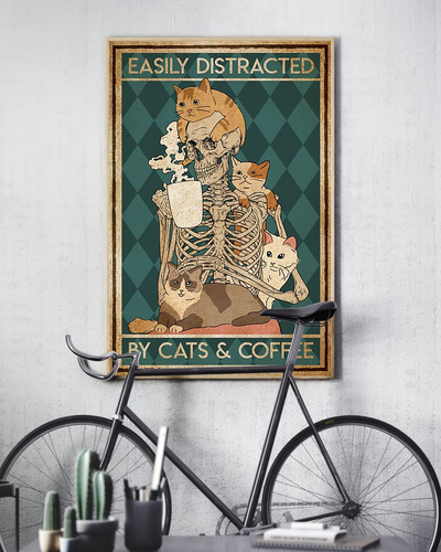 Cat Skeleton Coffee Canvas Prints Easily Distracted Vintage Wall Art Gifts Vintage Home Wall Decor Canvas - Mostsuit