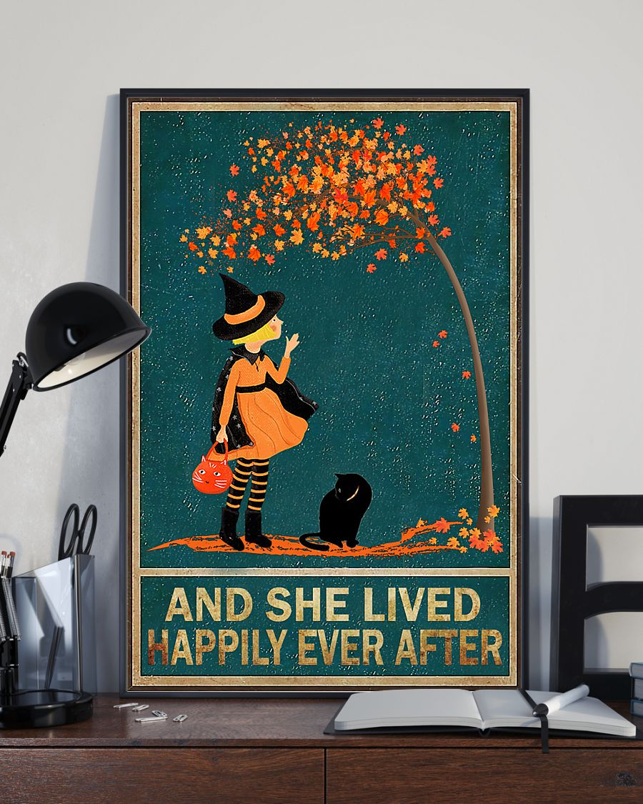 Black Cat Witch Girl Halloween Canvas Prints And She Lived Happily Ever After Vintage Wall Art Gifts Vintage Home Wall Decor Canvas - Mostsuit