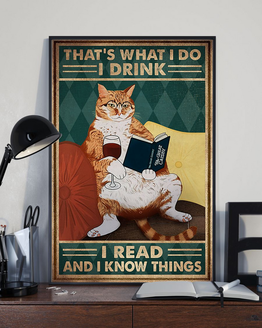 Cat Wine Book Canvas Prints That's What I Do I Read And I Know Things Vintage Wall Art Gifts Vintage Home Wall Decor Canvas - Mostsuit