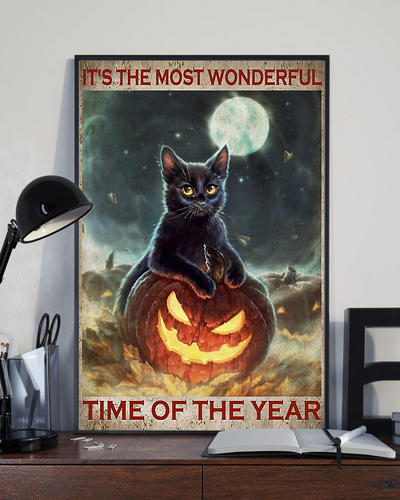 Black Cat Pumpkin Poster The Most Wonderful Time Of The Year Halloween Vintage Room Home Decor Wall Art Gifts Idea - Mostsuit