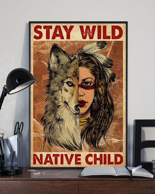 Wolf Native American Girl Stay Wild Native Child Poster Vintage Room Home Decor Wall Art Gifts Idea - Mostsuit