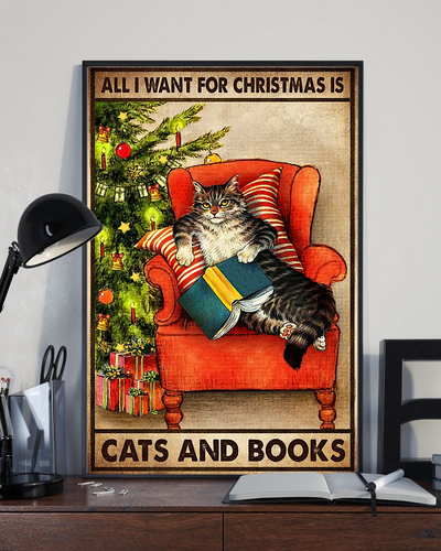 Cats And Books Christmas Canvas Prints Vintage Wall Art Gifts Vintage Home Wall Decor Canvas - Mostsuit