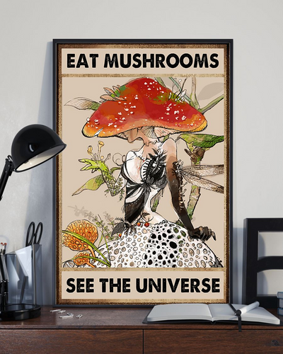 Mushroom Dragonfly Girl Poster Eat Mushrooms See The Universe Vintage Room Home Decor Wall Art Gifts Idea - Mostsuit
