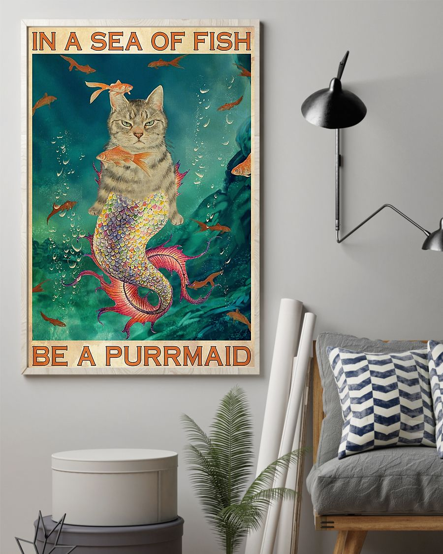 Purr-Maid Cat Mermaid Loves Poster In A Sea Of Fish Be A Purrmaid Vintage Room Home Decor Wall Art Gifts Idea - Mostsuit