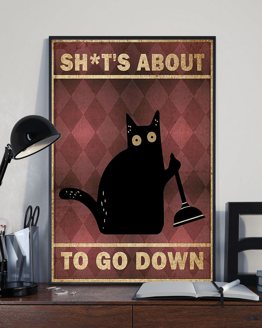 Retro Red Black Cat Poster Shit About To Go Down Vintage Room Home Decor Wall Art Gifts Idea - Mostsuit